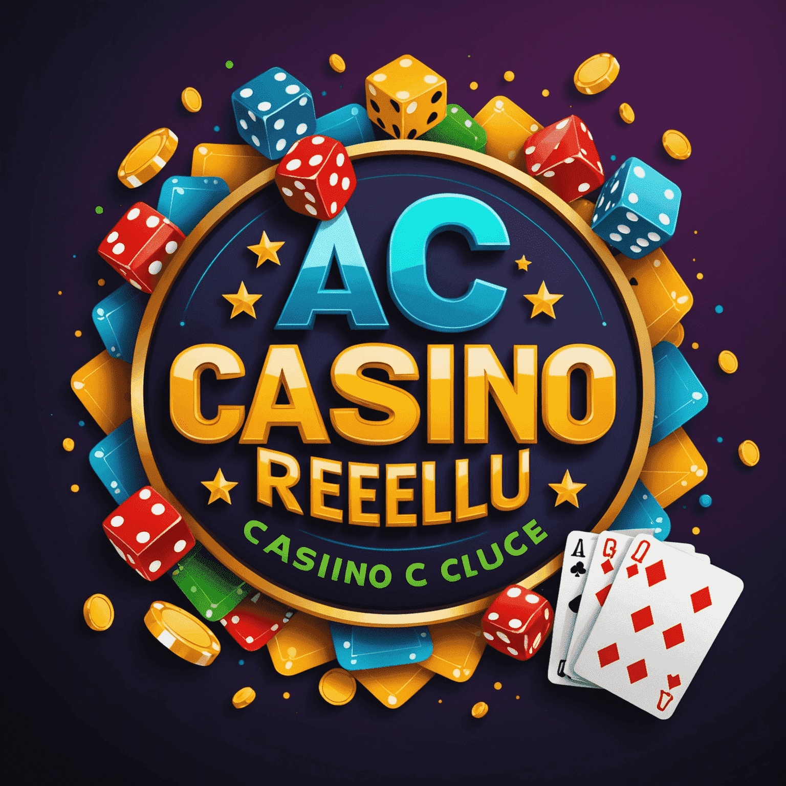 CasinoReelClu Logo - A vibrant and dynamic logo featuring casino elements like dice, cards, and chips in bold colors