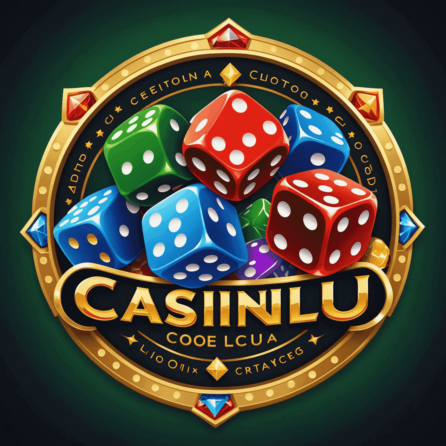 CasinoReelClu Logo - A vibrant and dynamic logo featuring casino elements like dice, cards, and chips in bold colors