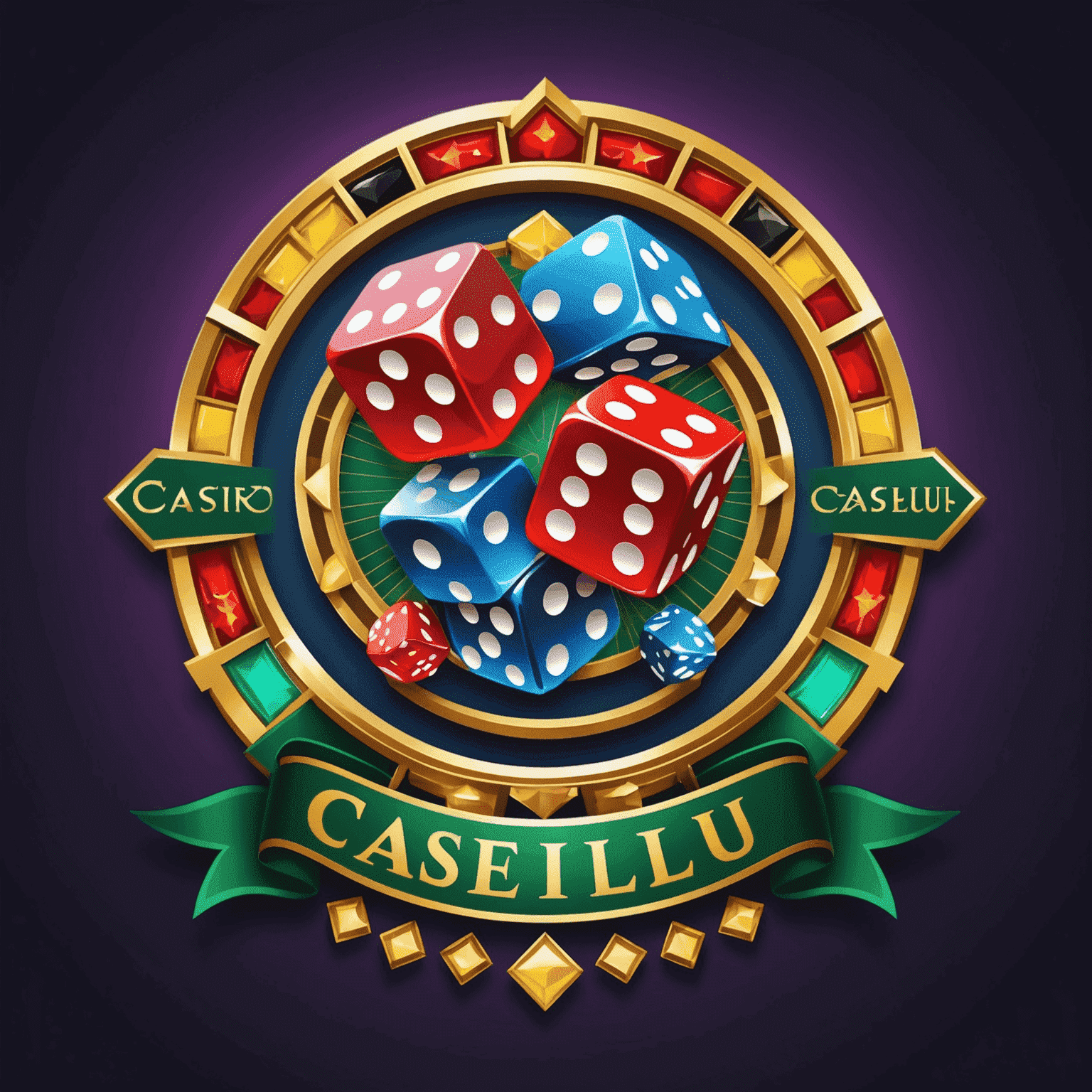 CasinoReelClu Logo - A vibrant and dynamic logo featuring casino elements like dice, cards, and chips in bold colors