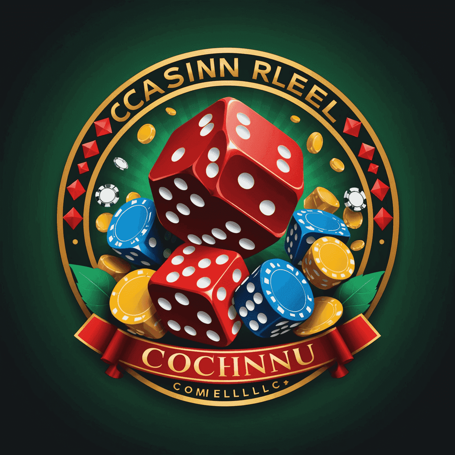 CasinoReelClu Logo - A vibrant and dynamic logo featuring casino elements like dice, cards, and chips in bold colors