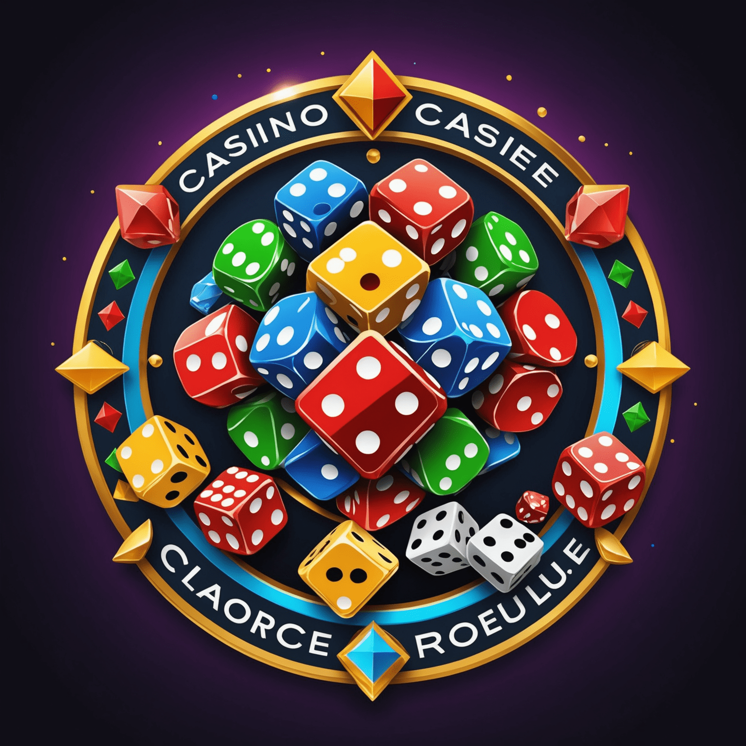 CasinoReelClu Logo - A vibrant and dynamic logo featuring casino elements like dice, cards, and chips in bold colors