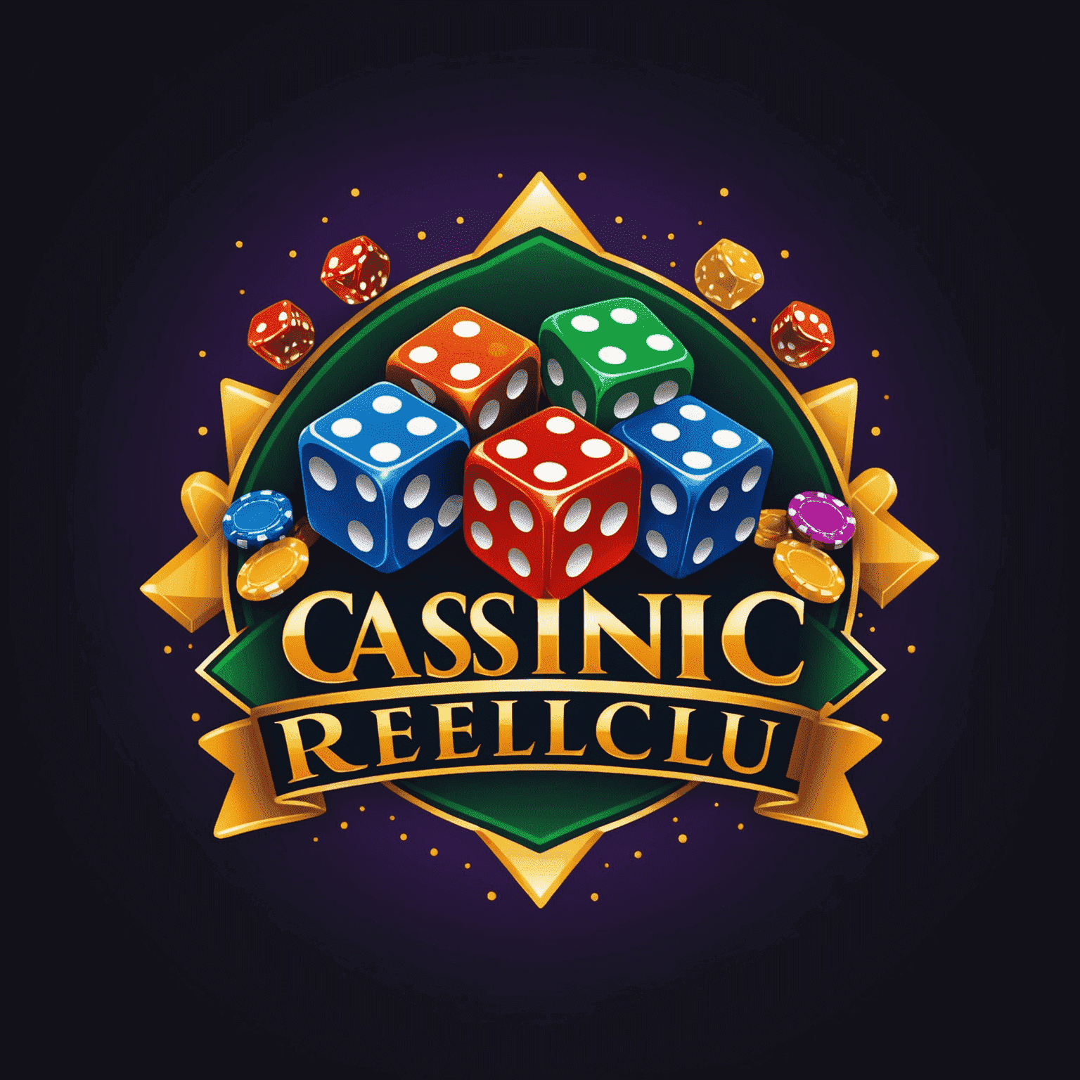 CasinoReelClu Logo - A vibrant and dynamic logo featuring casino elements like dice, cards, and chips in bold colors