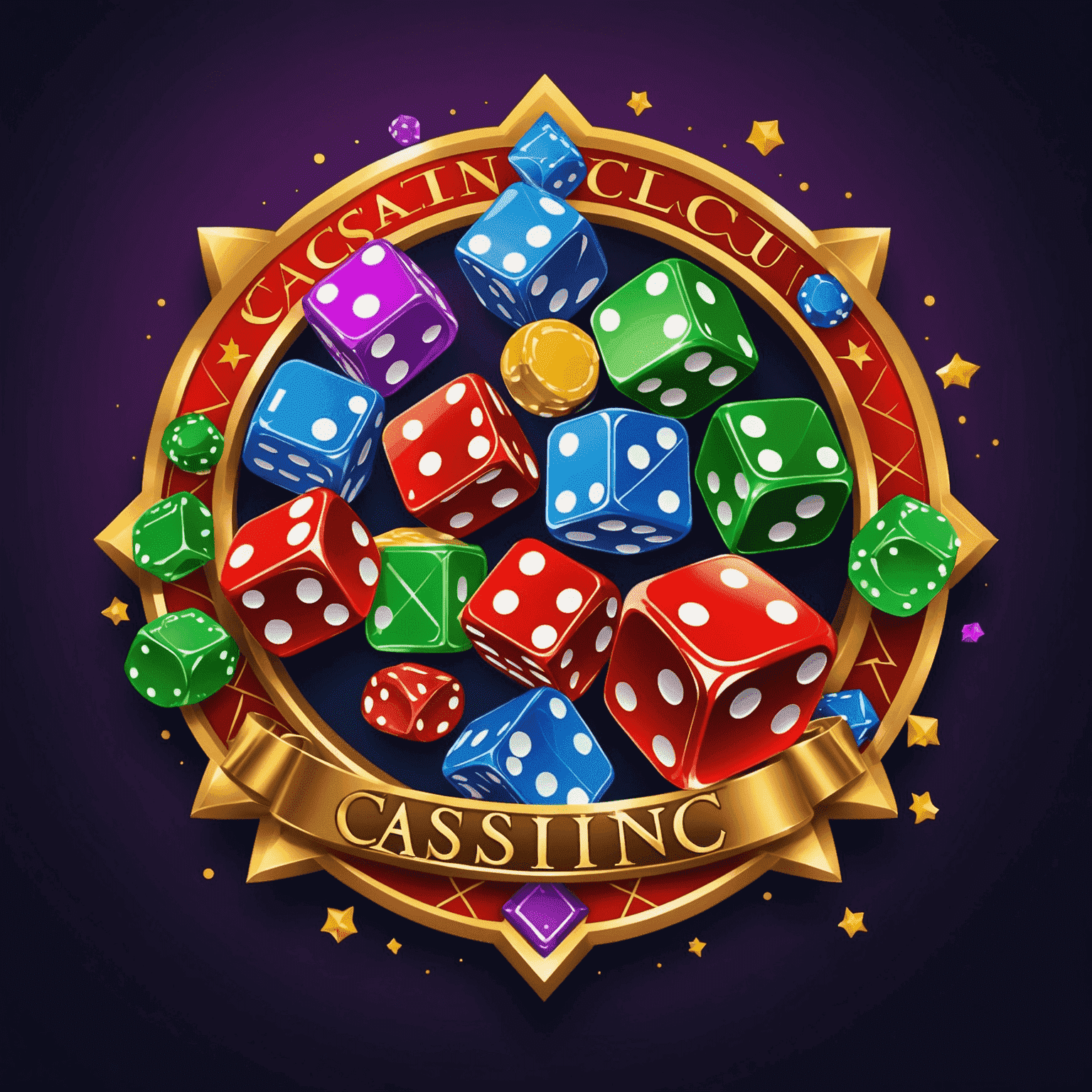 CasinoReelClu Logo - A vibrant and dynamic logo featuring casino elements like dice, cards, and chips in bold colors