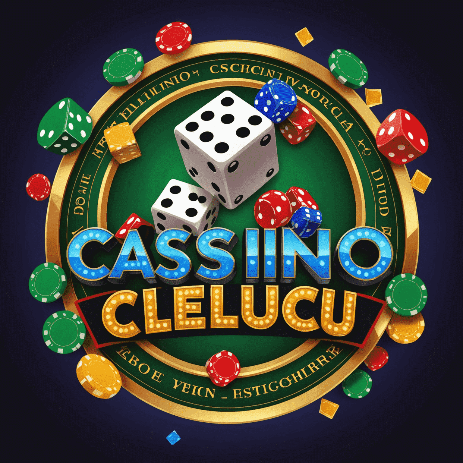 CasinoReelClu Logo - A vibrant and dynamic logo featuring casino elements like dice, cards, and chips in bold colors