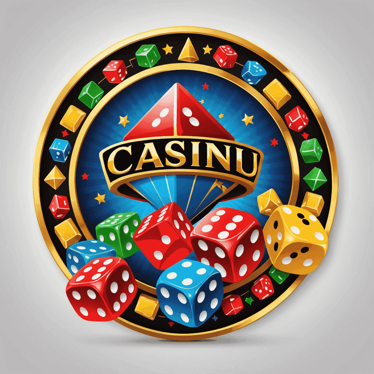 CasinoReelClu Logo - A vibrant and dynamic logo featuring casino elements like dice, cards, and chips in bold colors