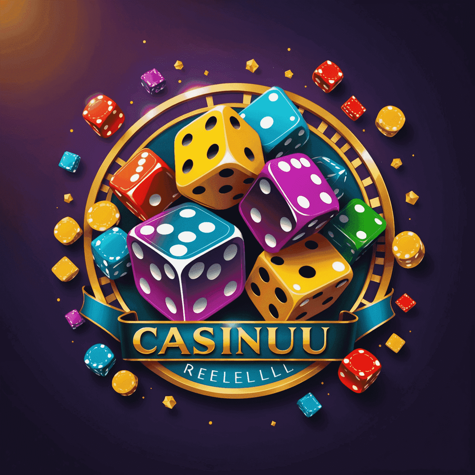 CasinoReelClu Logo - A vibrant and dynamic logo featuring casino elements like dice, cards, and chips in bold colors