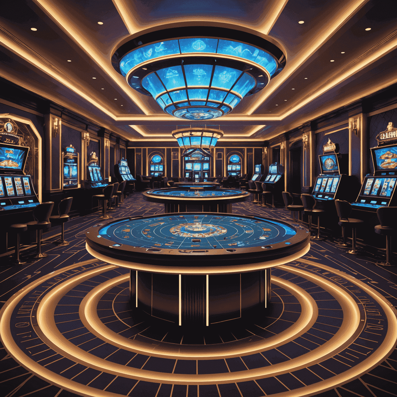 Futuristic casino floor with holographic game tables and AI dealers, showcasing the latest technological advancements in the casino industry