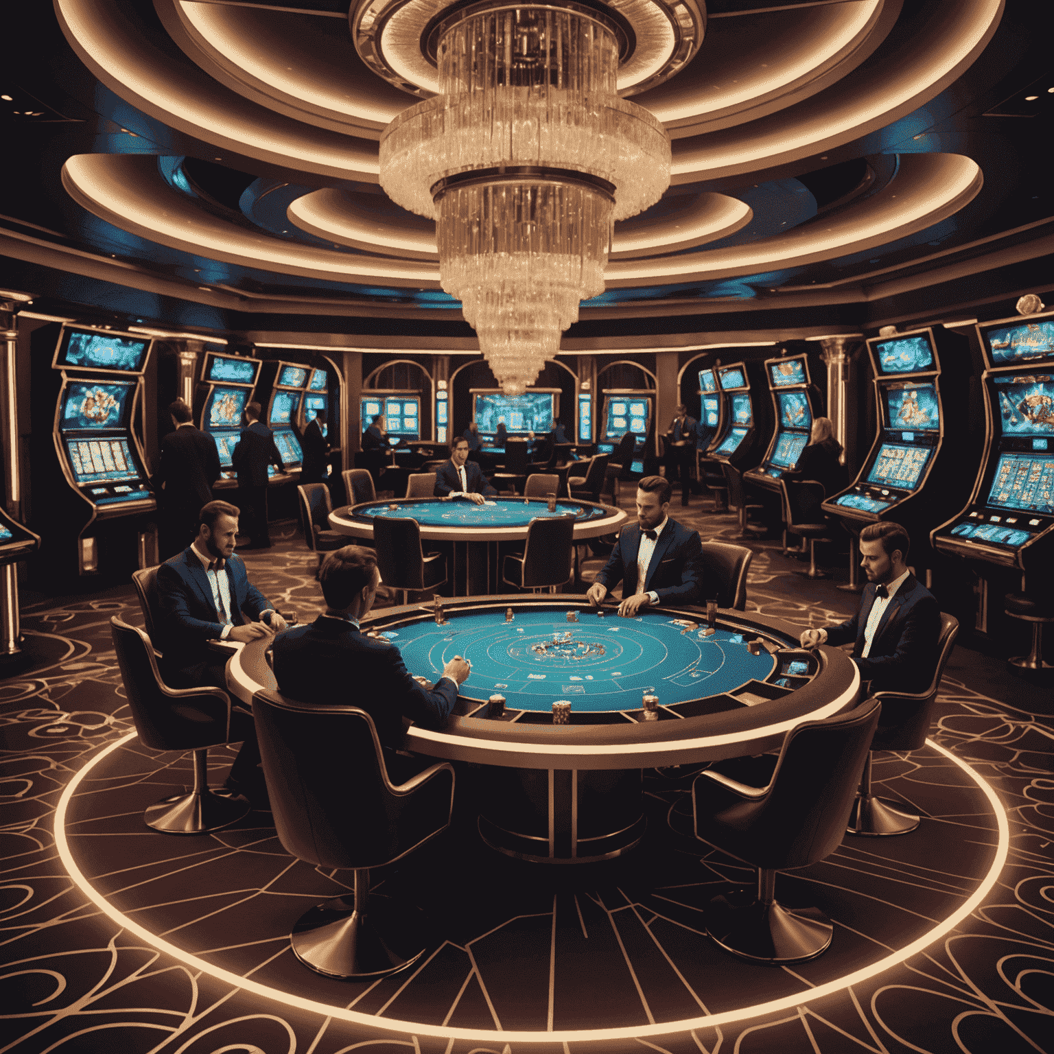 Futuristic casino floor with holographic game tables and players interacting with advanced technology