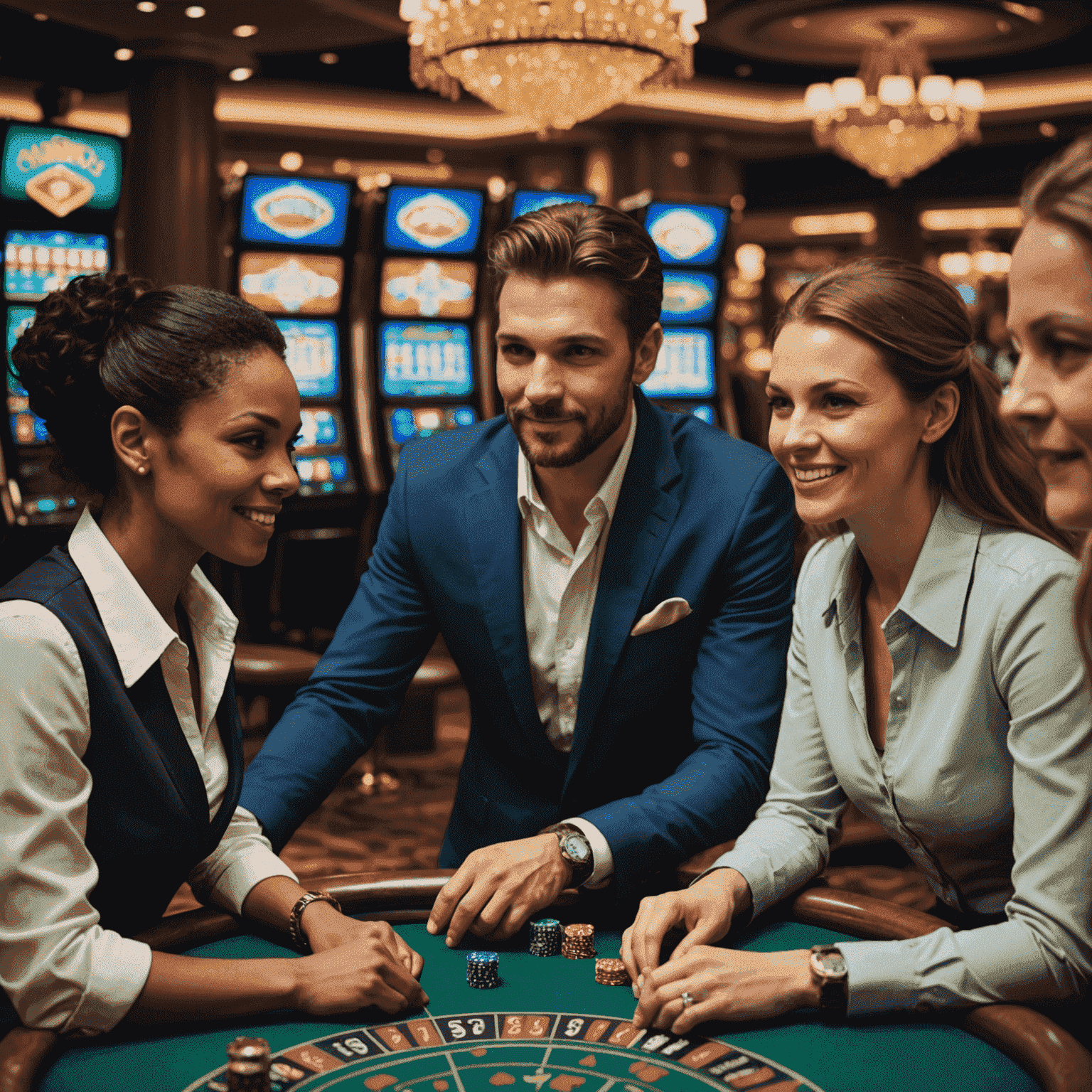 A diverse group of people enjoying casino games responsibly, with visible timers and limit indicators on their screens