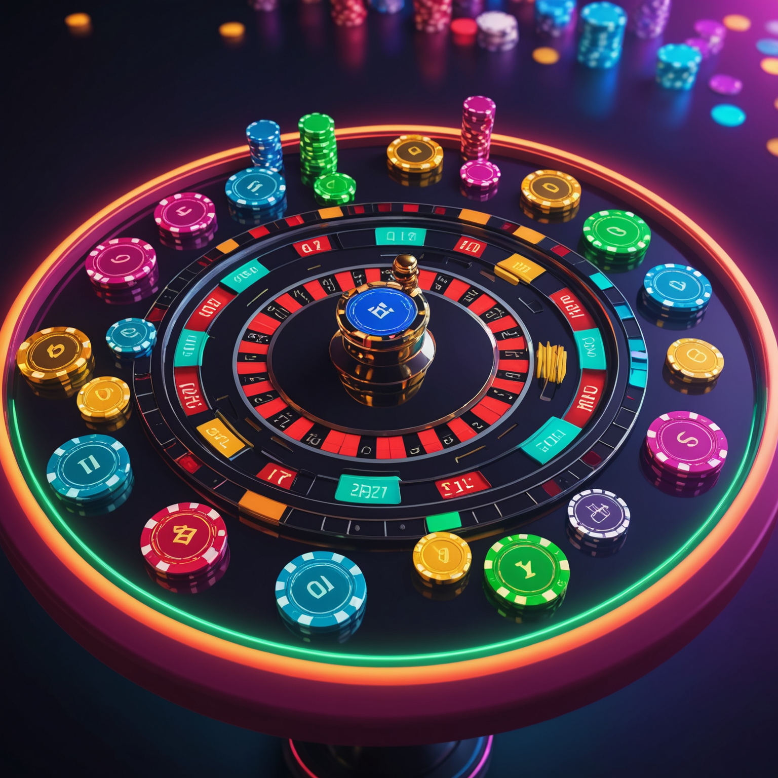 Colorful digital coins and casino chips floating above a virtual gaming table with vibrant neon lights