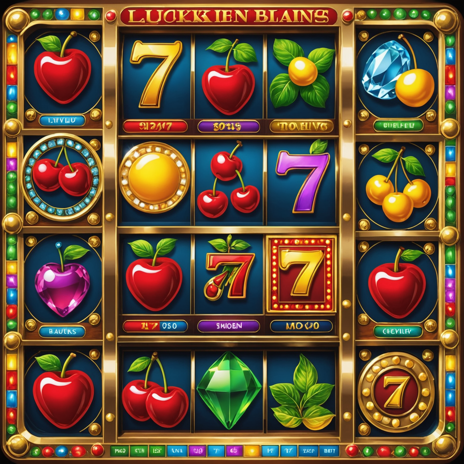 A vibrant collage of various slot machine symbols including lucky 7s, cherries, bells, and diamonds, showcasing the diversity of our slot game offerings