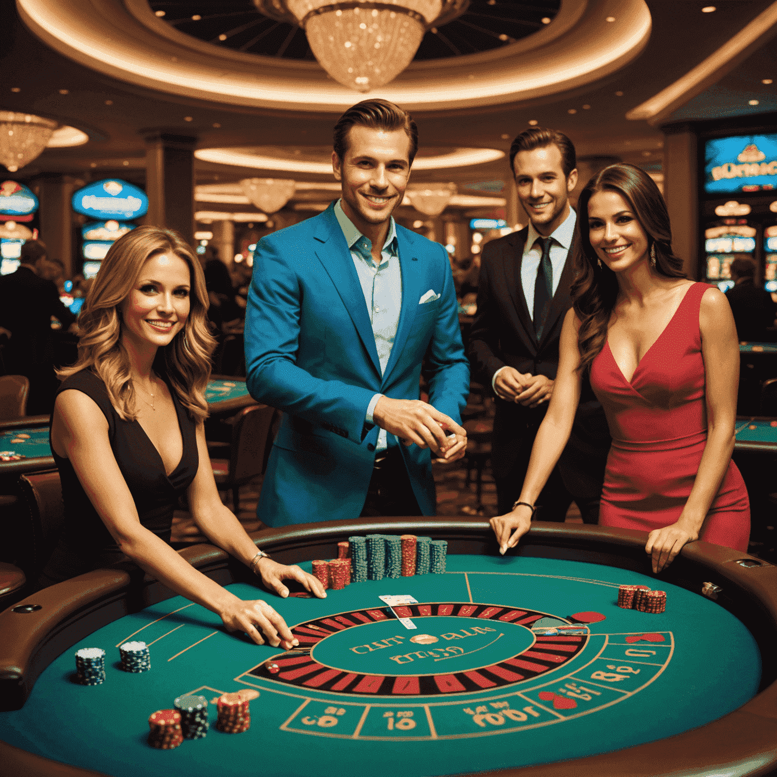 A vibrant casino table with players engaged in various table games like blackjack, roulette, and baccarat. The image showcases the excitement and energy of a casino floor.