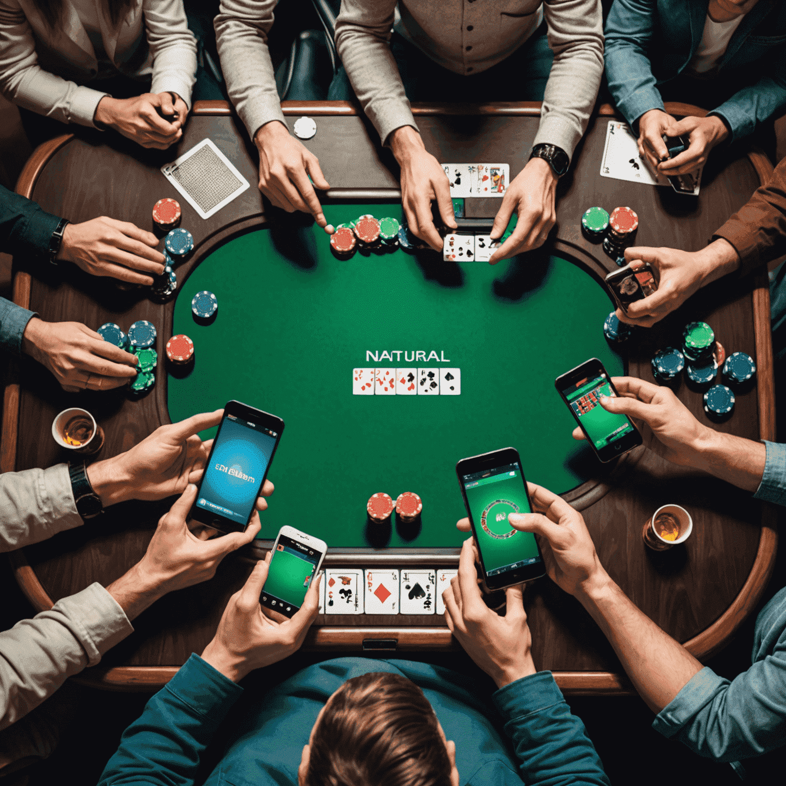 Vibrant poker table with virtual cards and chips, players' hands visible holding smartphones, representing online poker gameplay