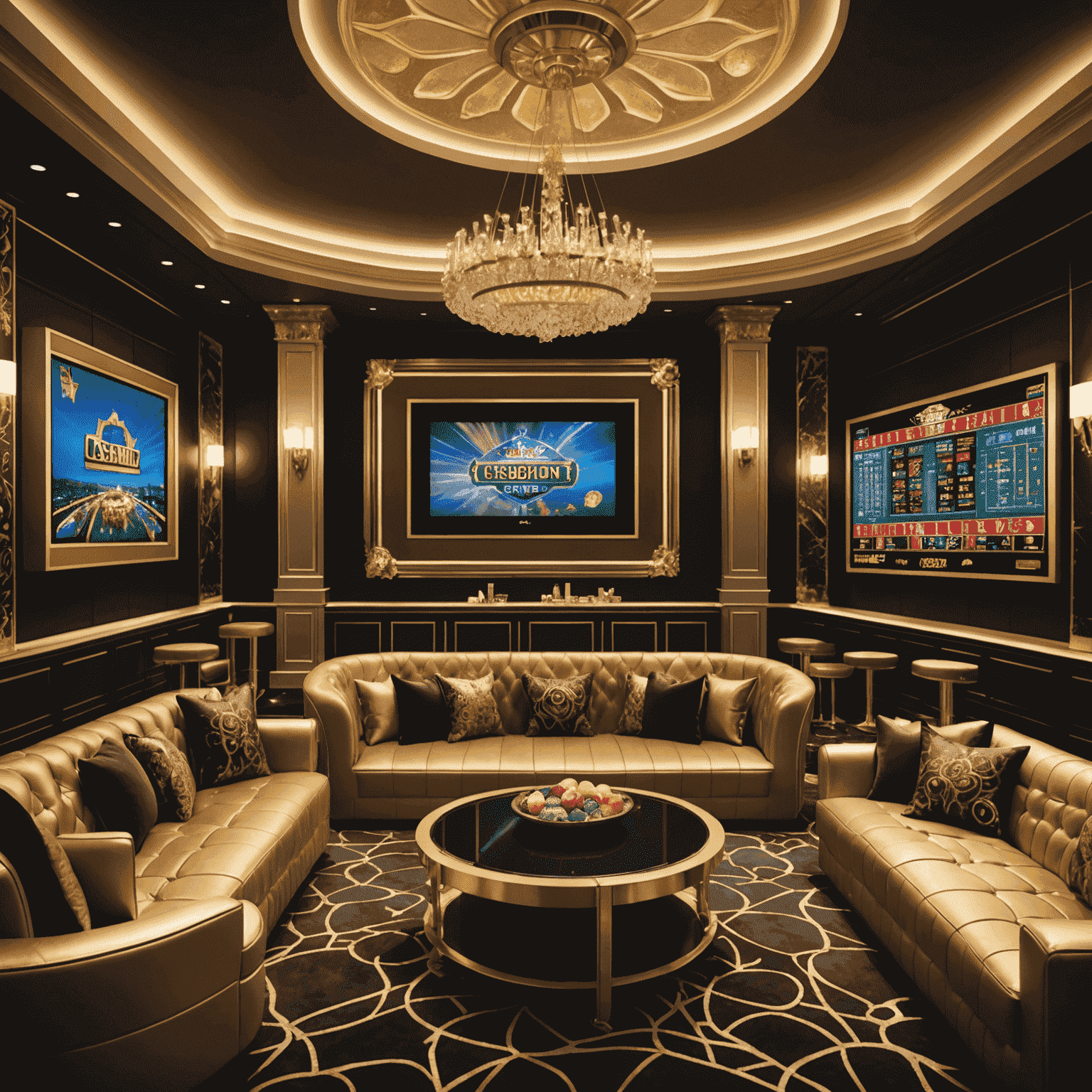 Luxurious VIP lounge with golden decorations, plush seating, and a large screen displaying various casino games