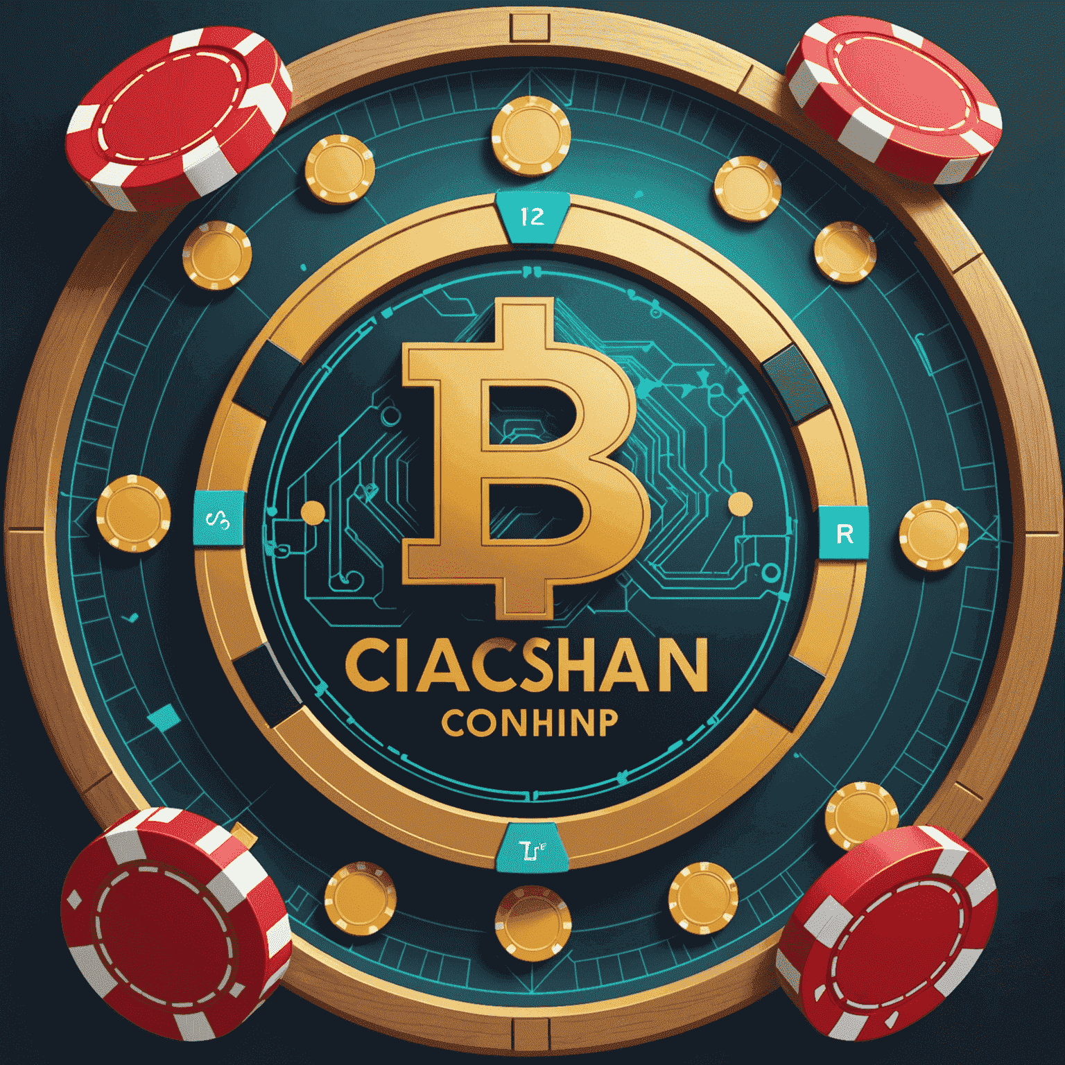 Graphic representation of blockchain technology integrated with casino chips and gaming symbols