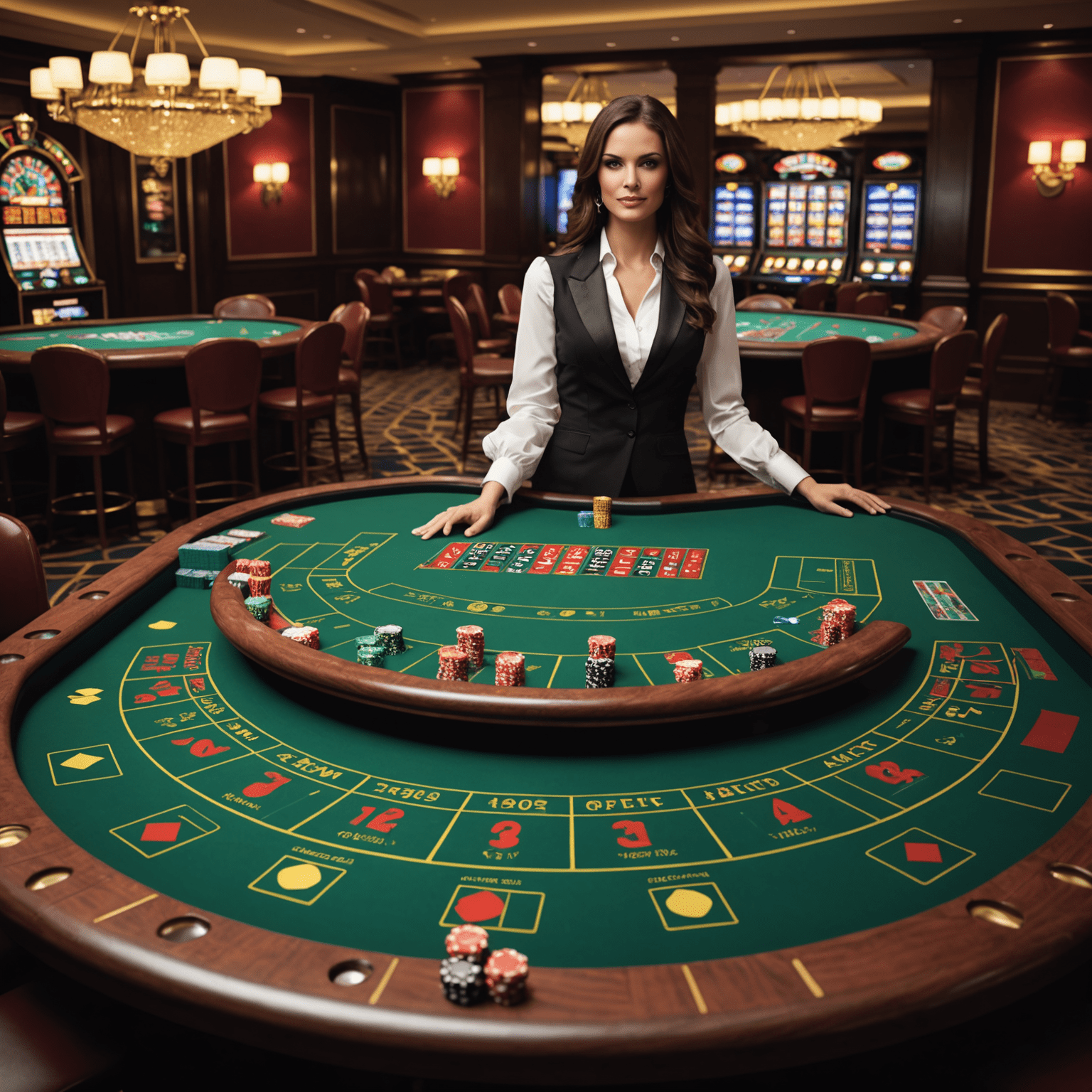 Elegant virtual casino table games including blackjack, roulette wheel, and baccarat table with cards