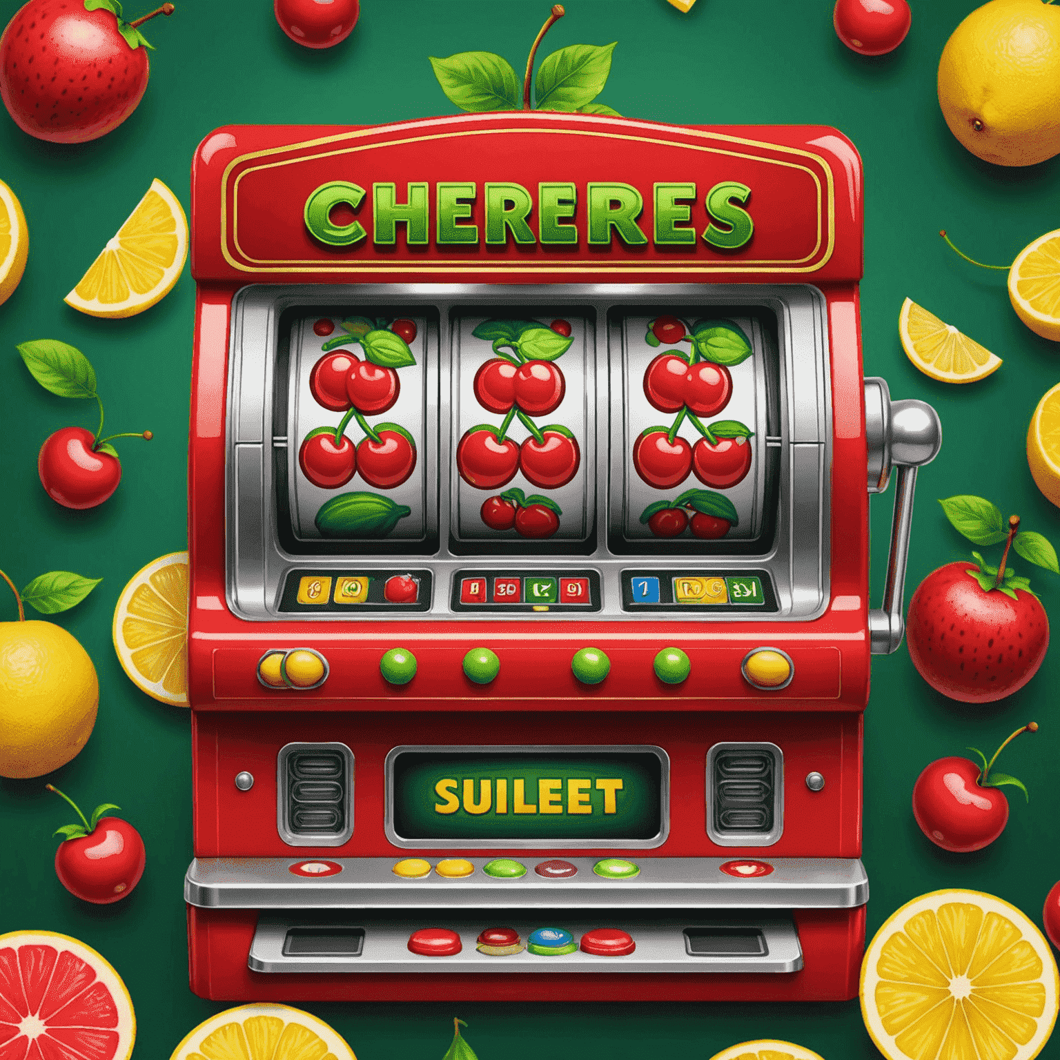 A retro-style slot machine with fruit symbols like cherries, lemons, and watermelons