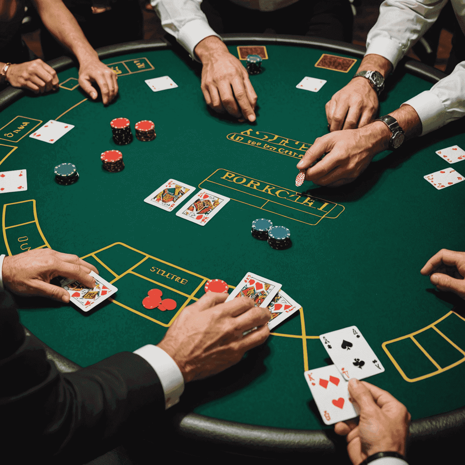 A close-up of a blackjack table with cards spread out, chips stacked, and hands ready to play