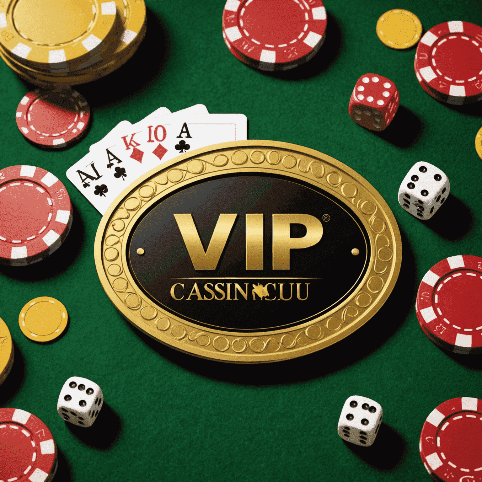 A golden VIP card with the casinoreelclu.com logo, surrounded by casino chips and dice