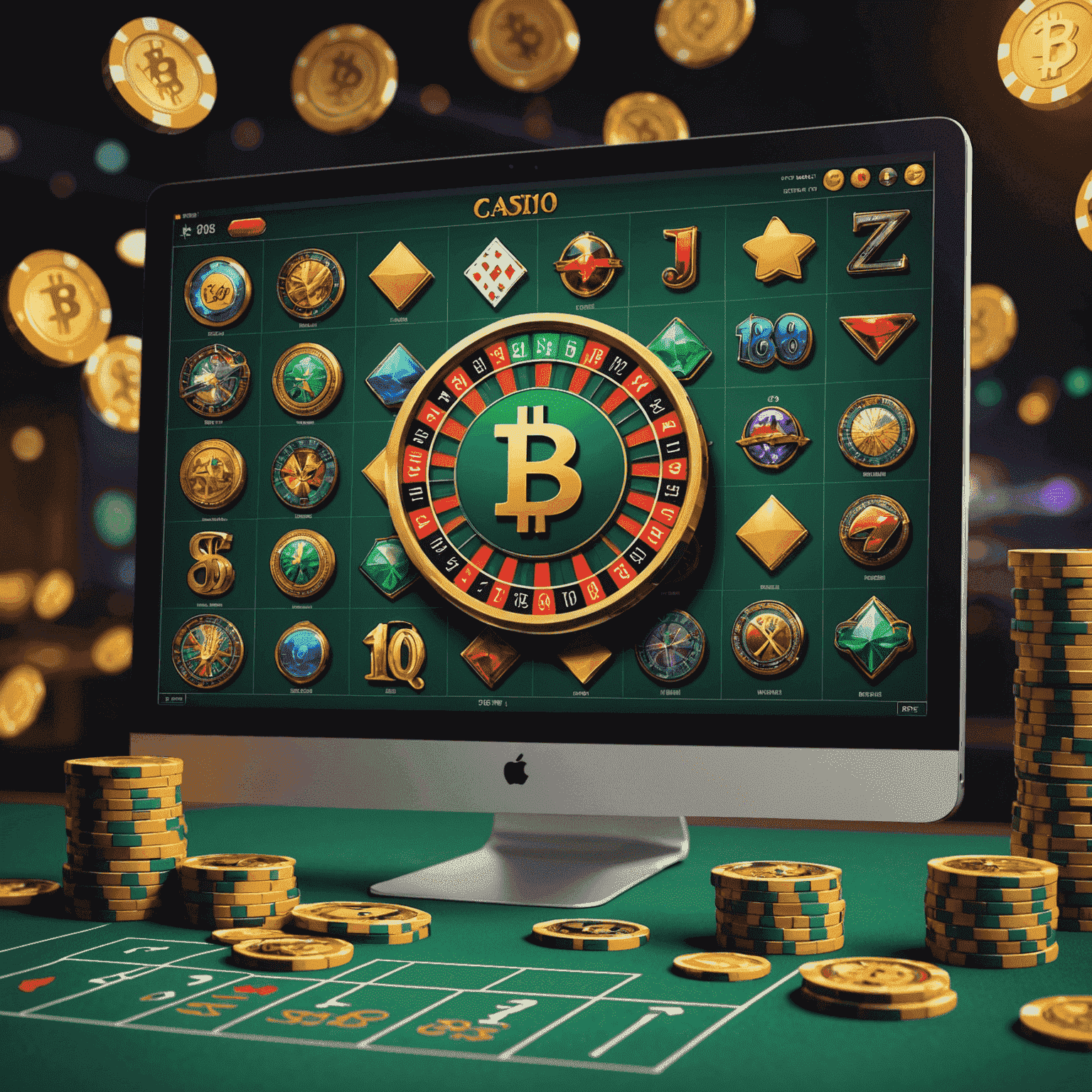 A computer screen displaying various casino games with virtual currency symbols, showcasing the world of online gaming without real money