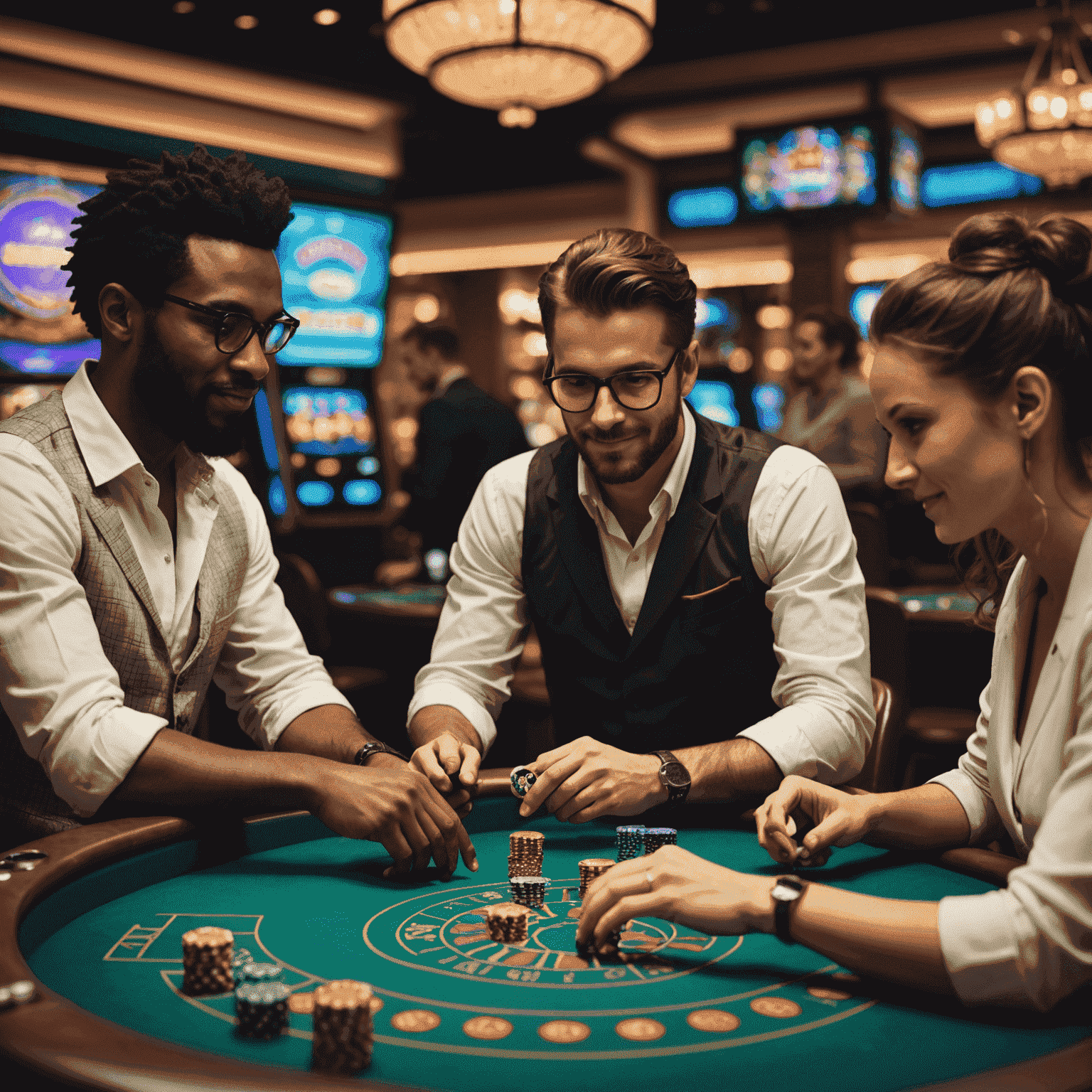 Group of diverse people enjoying a multiplayer casino game on various devices, showcasing social gaming features