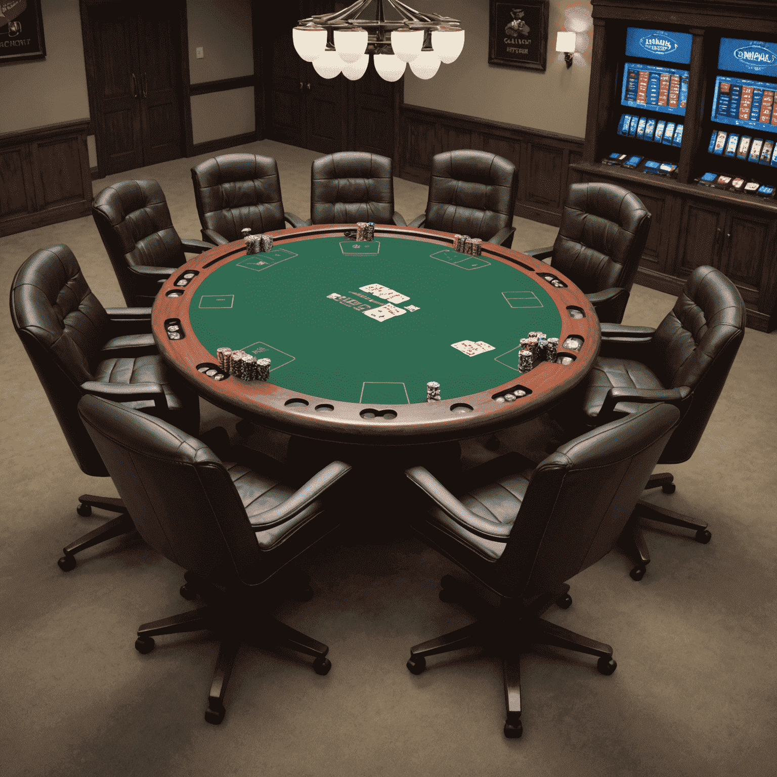 Virtual poker table with cards, chips, and multiple player seats for Texas Hold'em and Omaha games