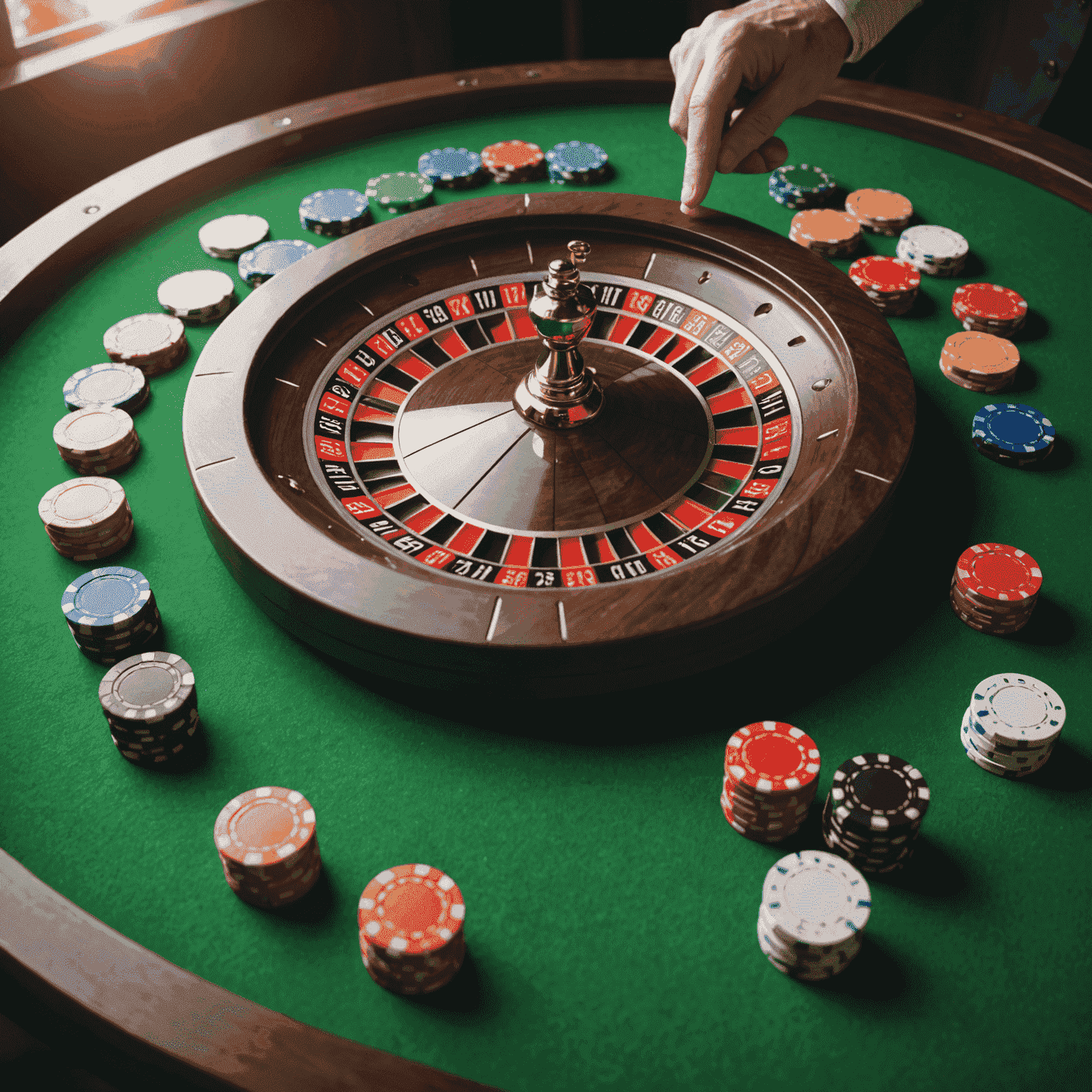 A spinning roulette wheel with a ball in motion, surrounded by betting chips on a green felt table