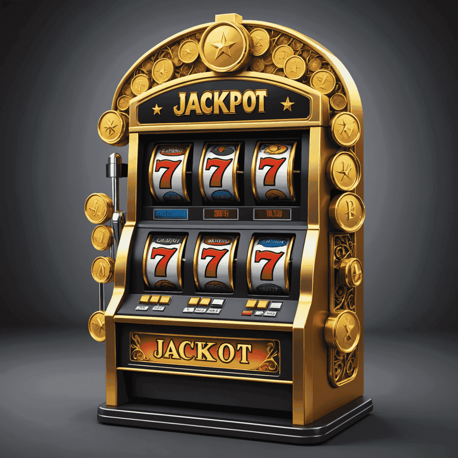 A luxurious jackpot slot machine with gold coins and a large jackpot display