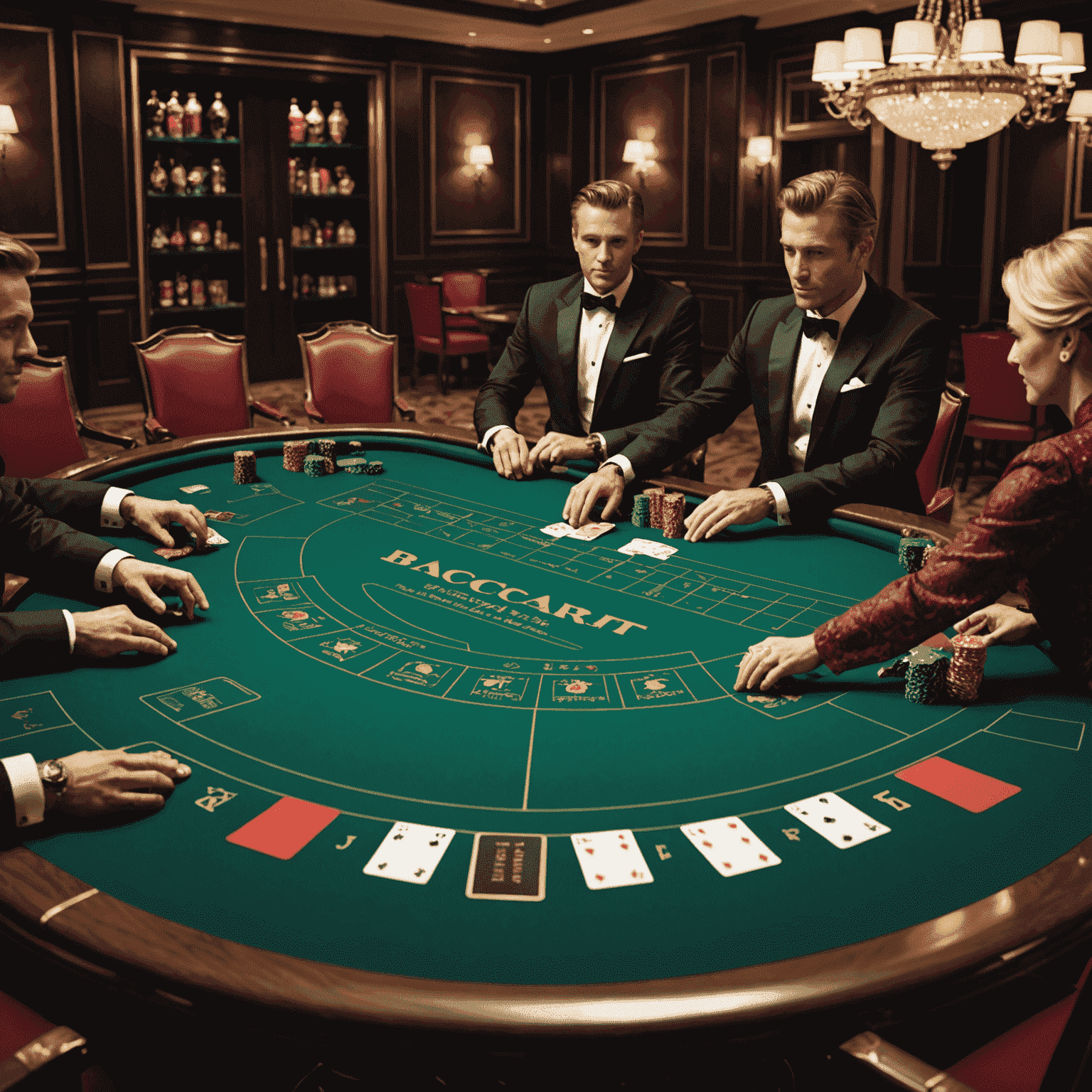 An elegant baccarat table with cards being dealt, featuring luxurious decor and high-stakes chips