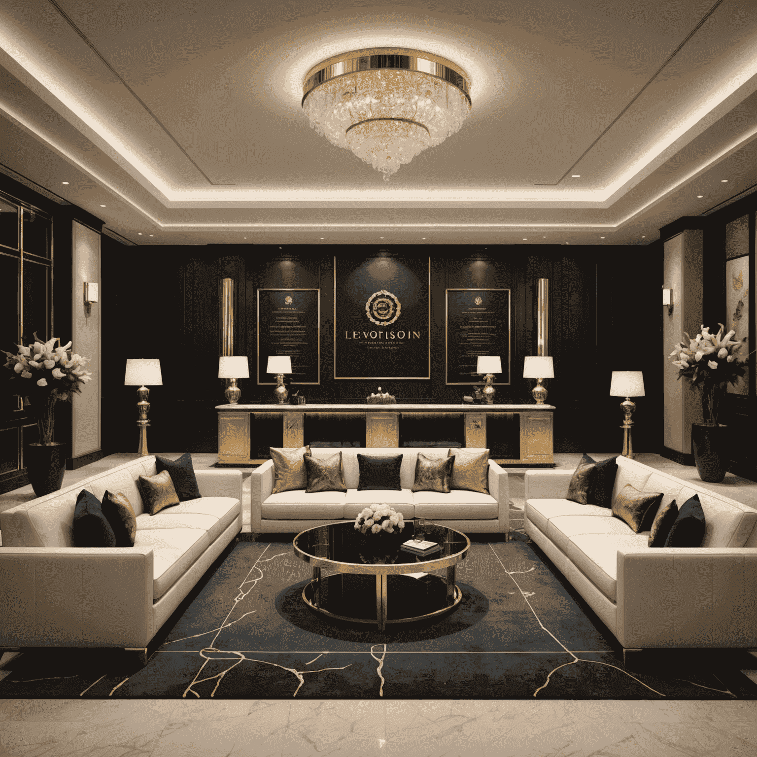 Luxurious VIP lounge setting with exclusive amenities, personalized service icons, and special promotion banners